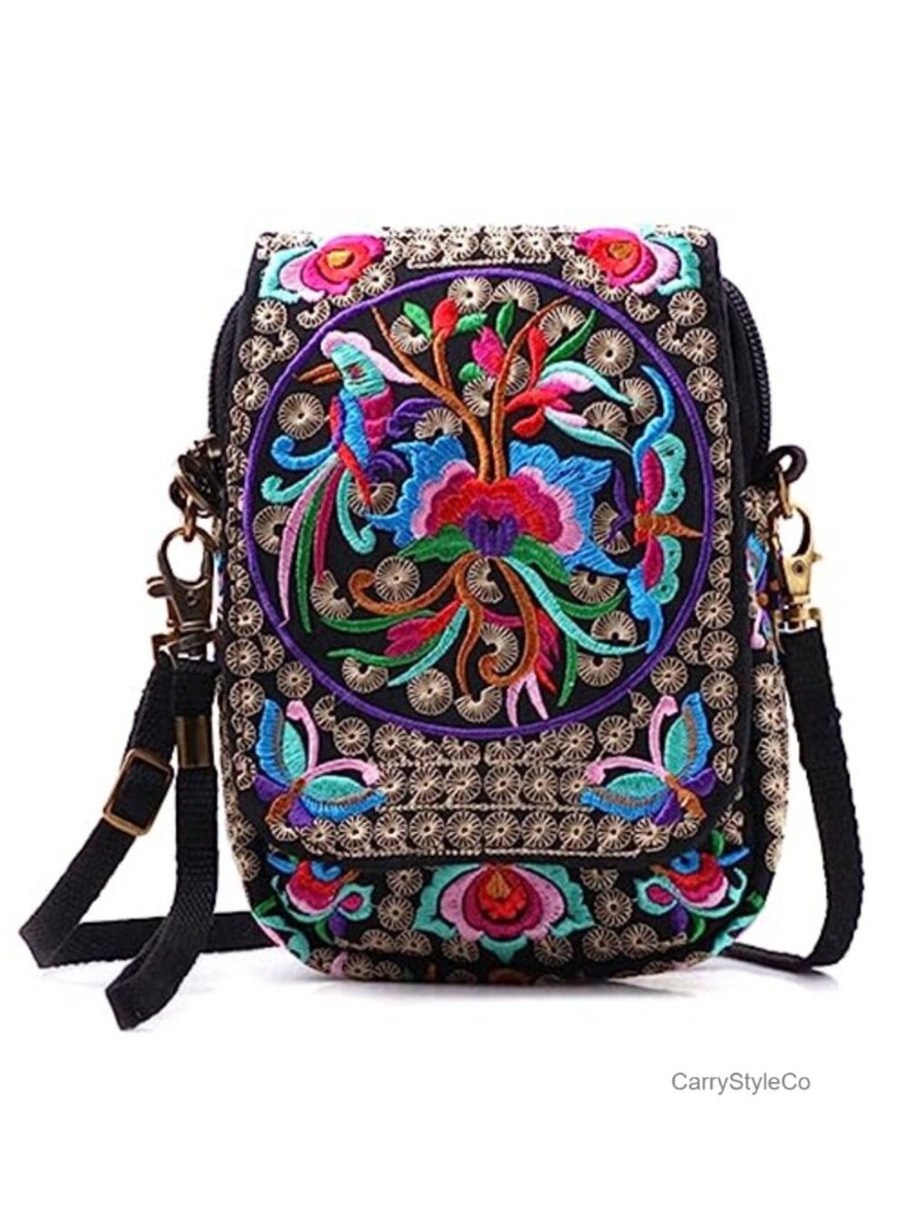 Handmade Embroidered Canvas Crossbody Bag Small Messenger Cellphone Purse